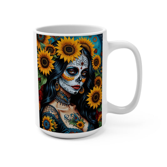 Day Of The Dead Sunflower Ceramic Mug Sugar Skull Artwork Gothic Coffee Cup Mexican Folk Art Inspired Design