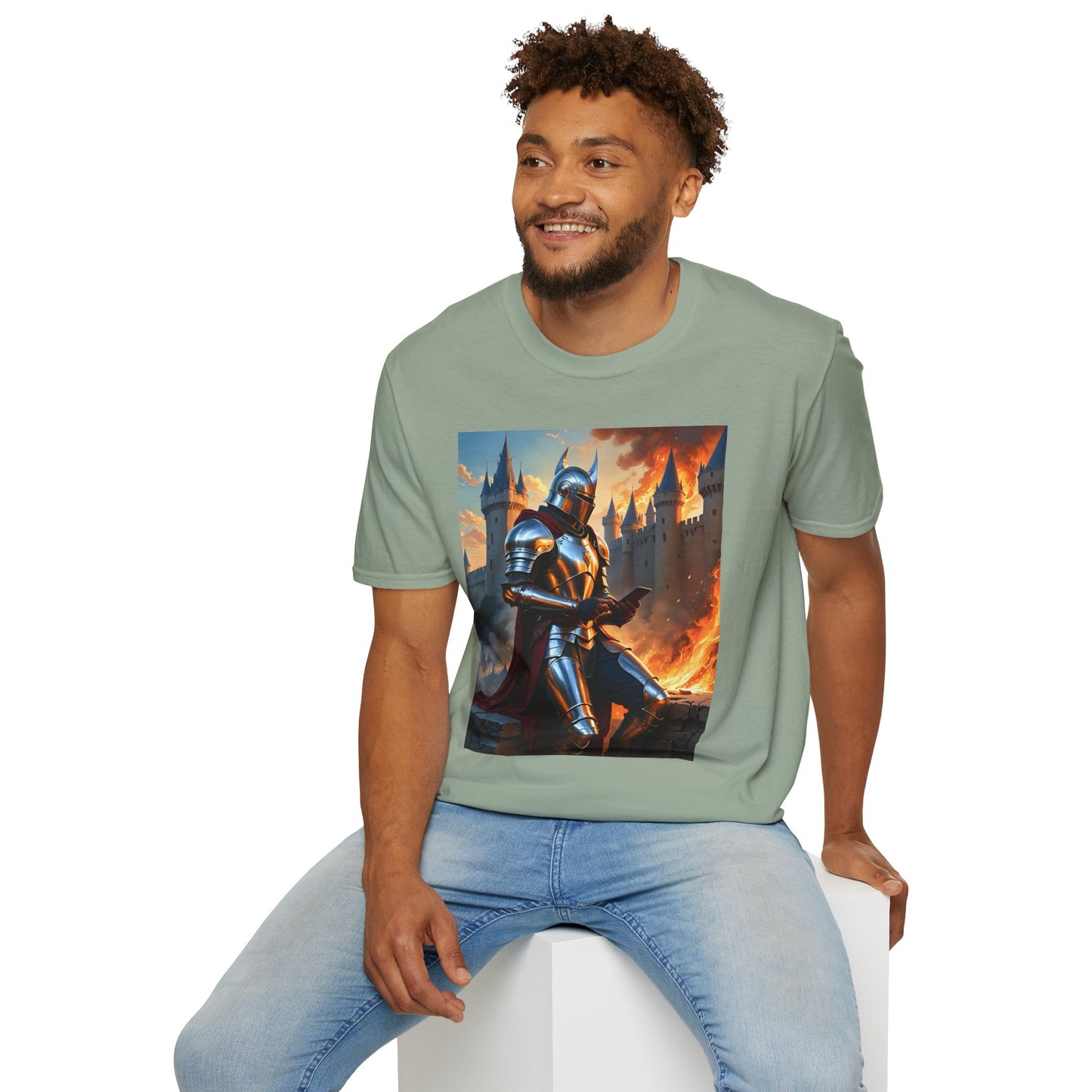 Knight in Burning Castle Shirt – Dark Fantasy Armor Tee – Gift for RPG Fans, Medieval Nerds, and Apocalyptic History Buffs