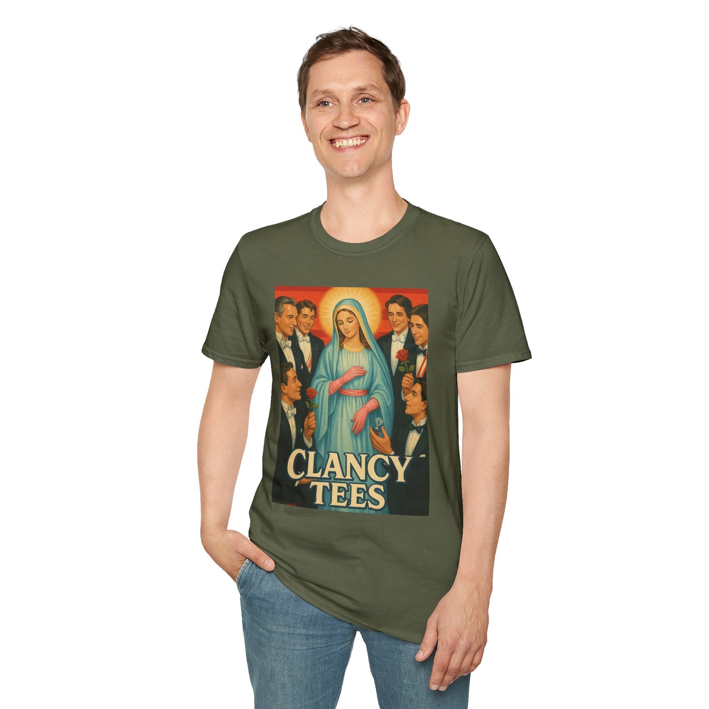 Vintage Madonna Graphic Tee, Unisex Virgin Mary Softstyle T-Shirt, Retro Art Shirt, Gift for Artsy Friends, Festival Attire, Casual Wear