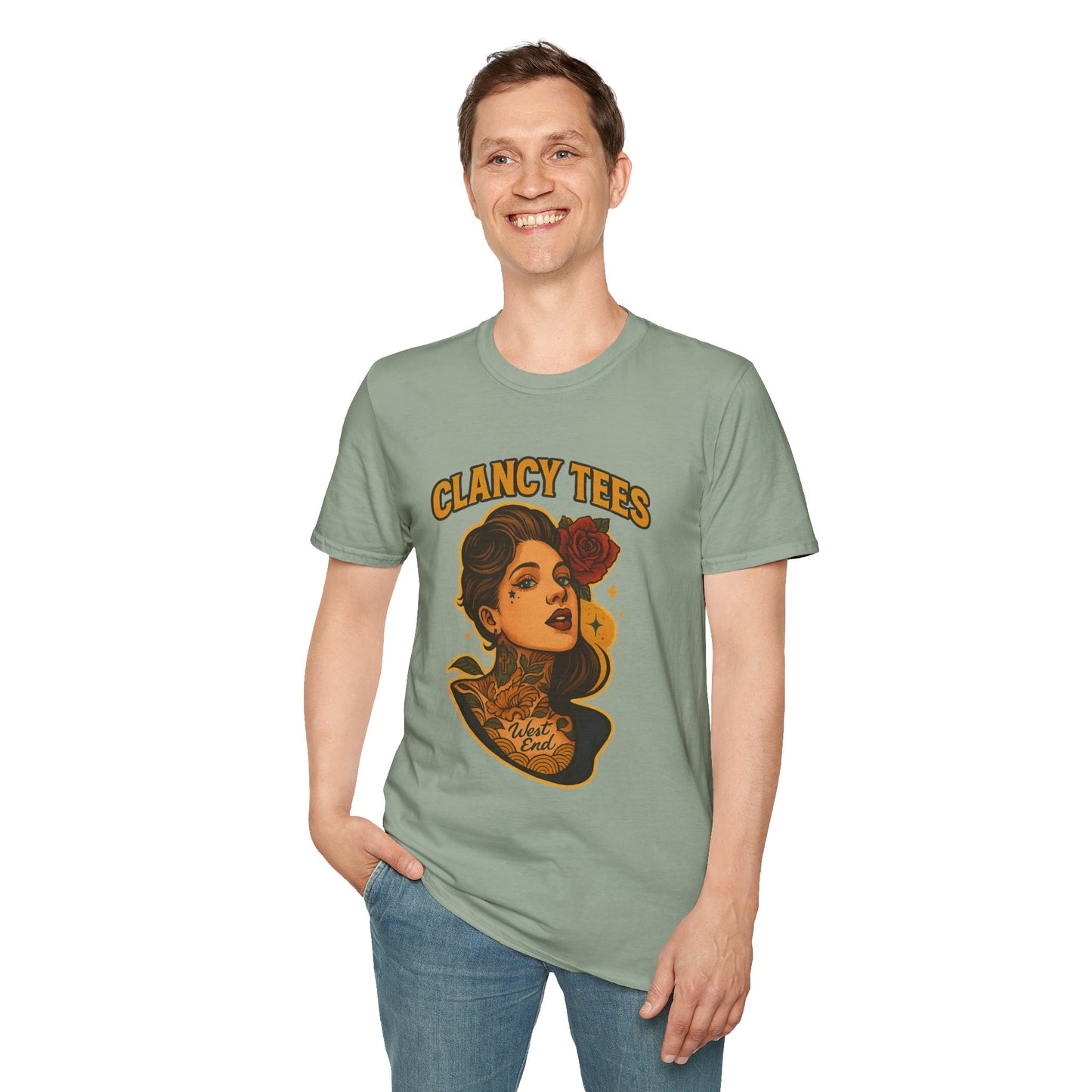 Vintage Tattoo-Inspired Unisex Softstyle T-Shirt, Unique Graphic Tee, Casual Statement Shirt, Perfect Gift for Friends & Festivals