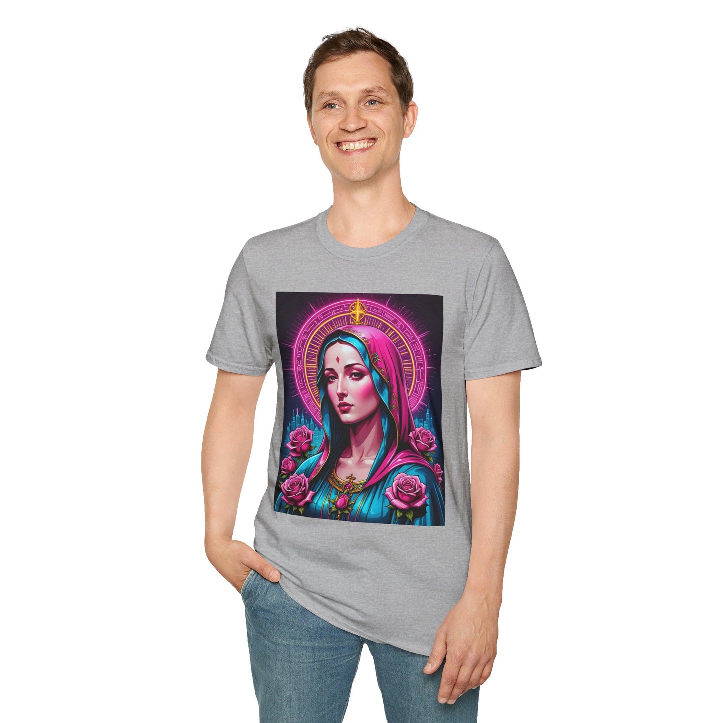 Religious Graphic Tee - Vibrant Mary Artwork, Gift for Devotees, Floral Design Shirt, Faith-Inspired Apparel, Everyday Wear