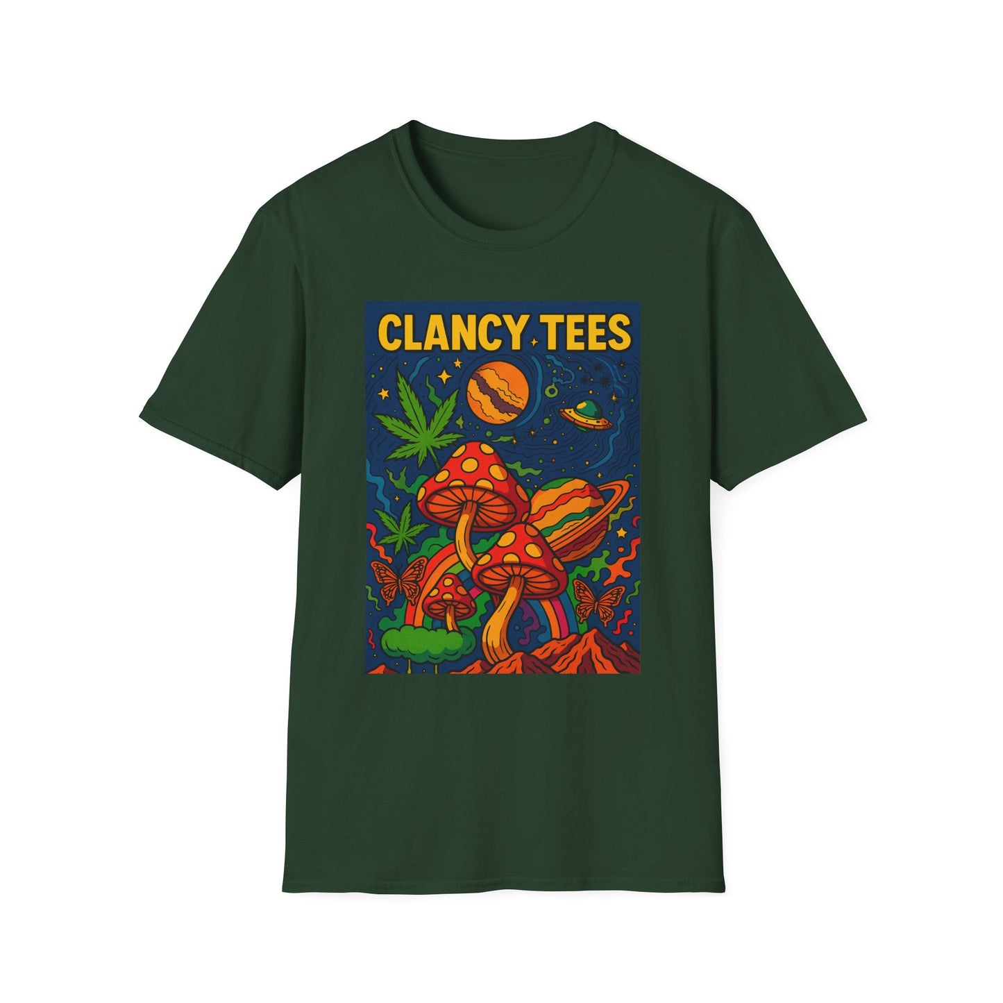 Trippy Mushroom Graphic T Shirt Psychedelic Space Art Tee Cosmic Fungi Illustration Unisex Softstyle Gift for Stoner Friends Gift for Psychedelic Fans