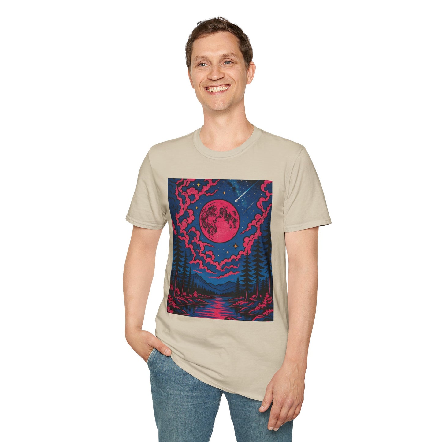 Trippy Red Moon Forest T-Shirt – Surreal Nature Graphic Tee • Psychedelic Night Sky Shirt • Gildan Softstyle® Unisex • Gift for Nature Lovers