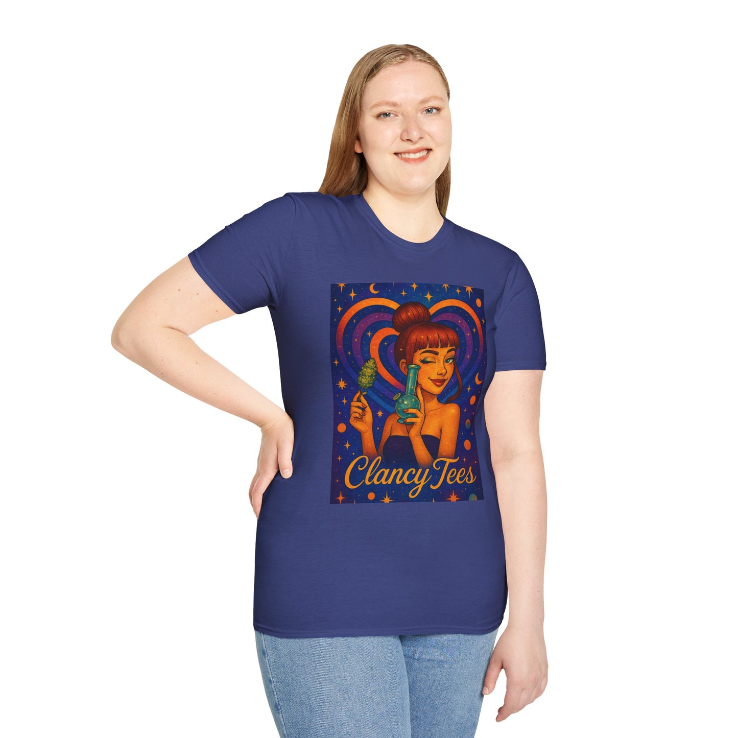 Cosmic Stoner Girl Art T-Shirt, Vintage Style Tee, Fun Summer Shirt, Gift for Art Lovers, Cute Graphic Tee, Unique Casual Wear