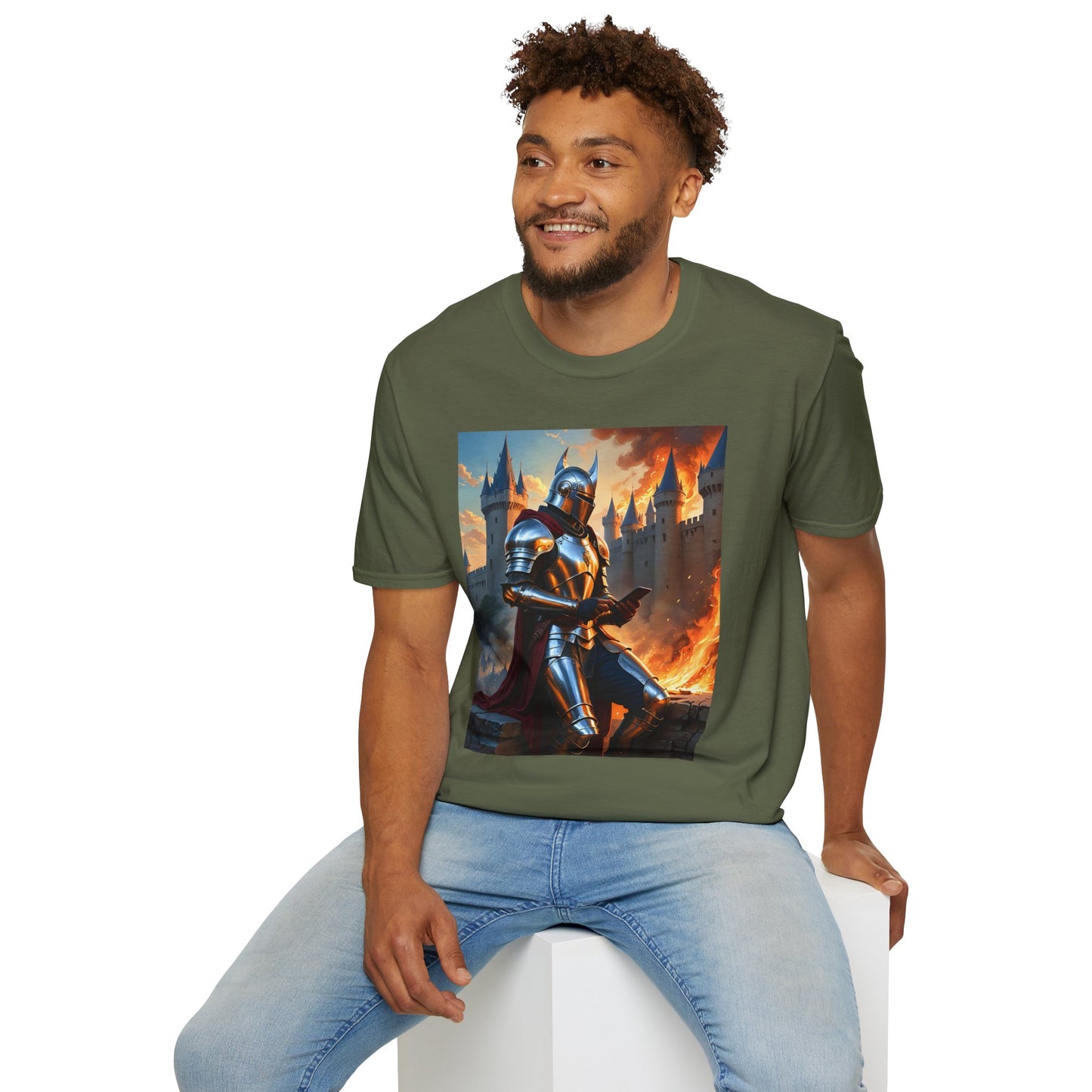 Knight in Burning Castle Shirt – Dark Fantasy Armor Tee – Gift for RPG Fans, Medieval Nerds, and Apocalyptic History Buffs