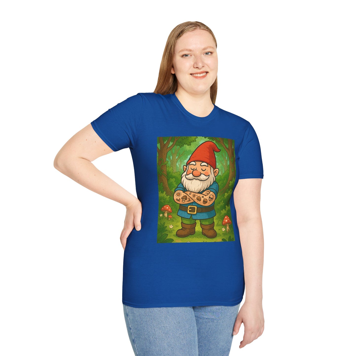 Tattooed Gnome T-Shirt – Funny Forest Inked Gnome Tee – Whimsical Tattoo Garden Shirt Gift for Mushroom Lovers, Gardeners, and Fantasy Fans