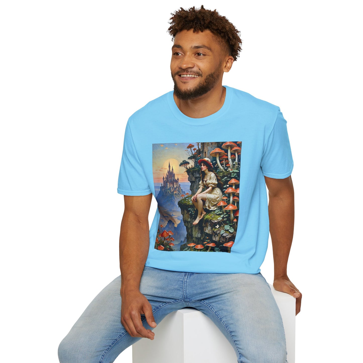 Fantasy Mushroom Fairy T-Shirt Enchanted Castle Cliffside Tee Surreal Magic Art Shirt Gift for Fantasy Fans Gift for Dreamers Psychedelic Nature Tee