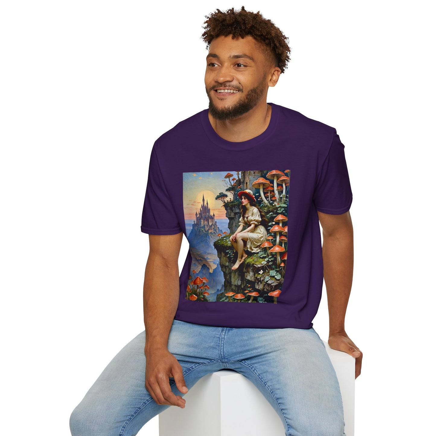 Fantasy Mushroom Fairy T-Shirt Enchanted Castle Cliffside Tee Surreal Magic Art Shirt Gift for Fantasy Fans Gift for Dreamers Psychedelic Nature Tee