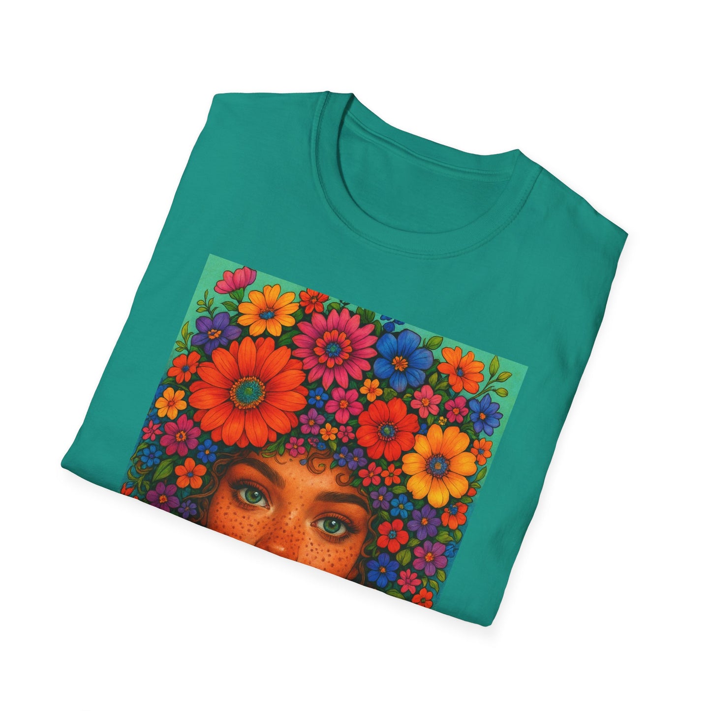 Flower Crown Woman T-Shirt – Afro Boho Floral Portrait Tee – Vibrant Art Shirt Gift for Nature Lovers, Hippies, Artists, and Bold Aesthetic Queens