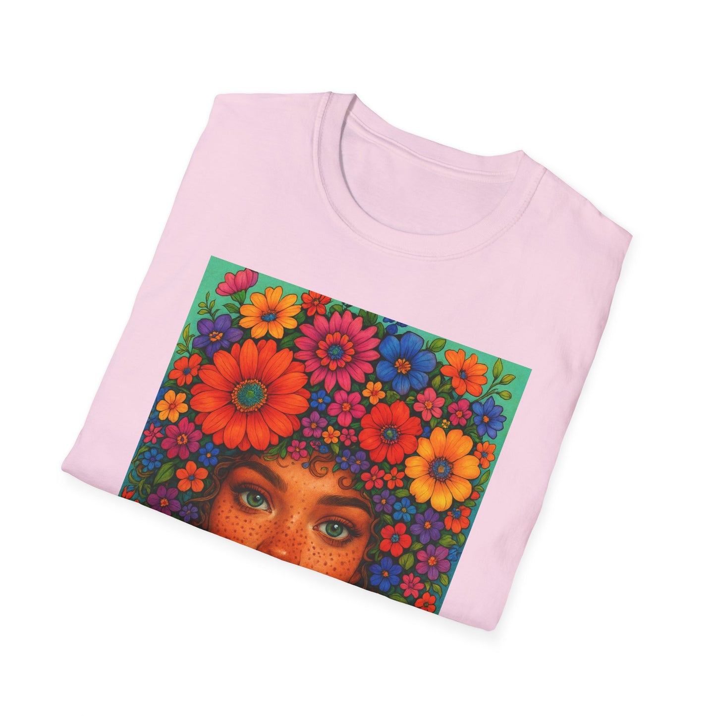 Flower Crown Woman T-Shirt – Afro Boho Floral Portrait Tee – Vibrant Art Shirt Gift for Nature Lovers, Hippies, Artists, and Bold Aesthetic Queens