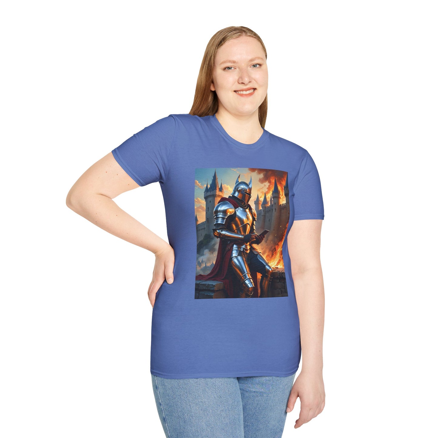 Knight in Burning Castle Shirt – Dark Fantasy Armor Tee – Gift for RPG Fans, Medieval Nerds, and Apocalyptic History Buffs