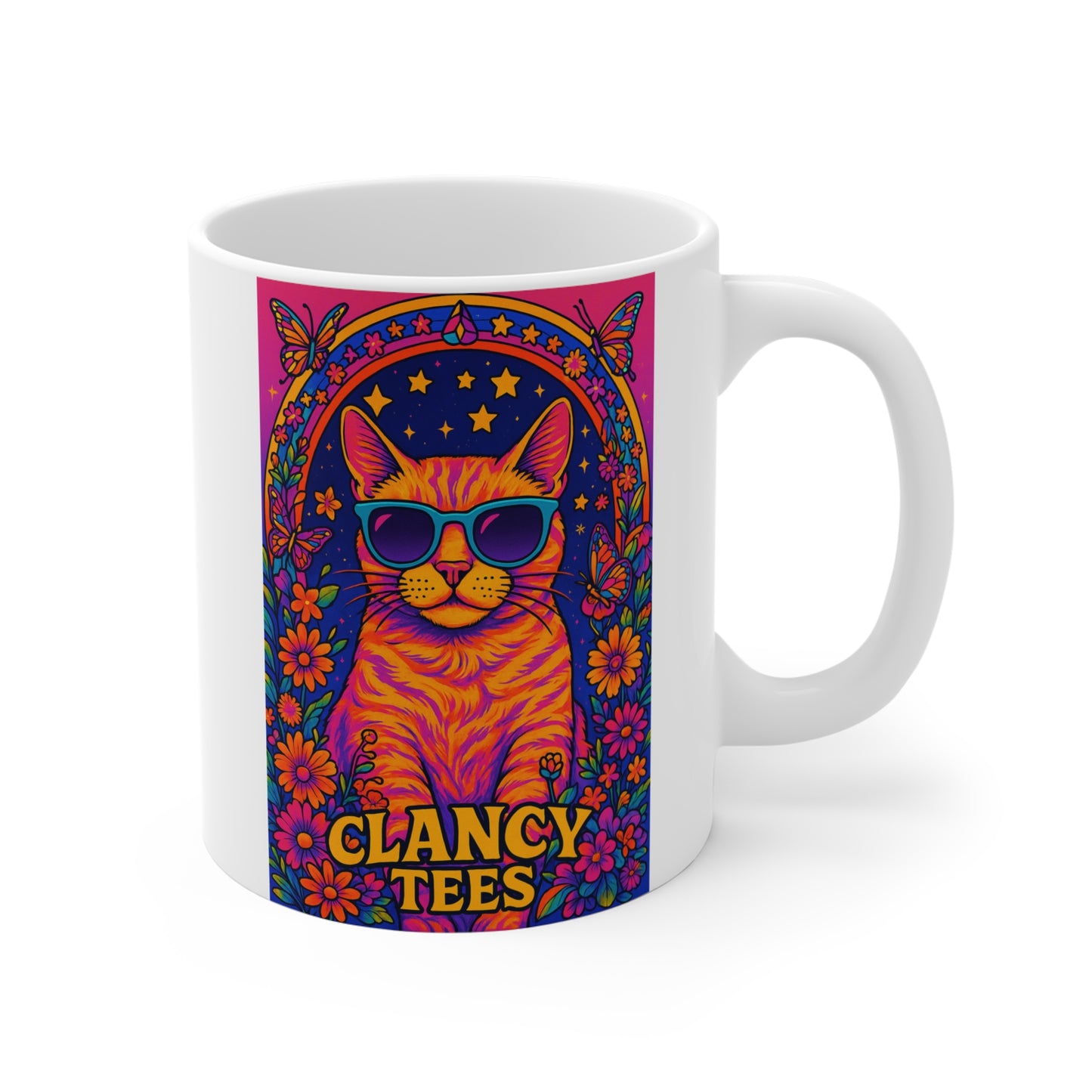 Psychedelic Cat Coffee Mug 11oz Ceramic Cup Colorful Kitty Artwork Trippy Drinkware Vibrant Retro Design With Sunglasses For Coffee Tea And More