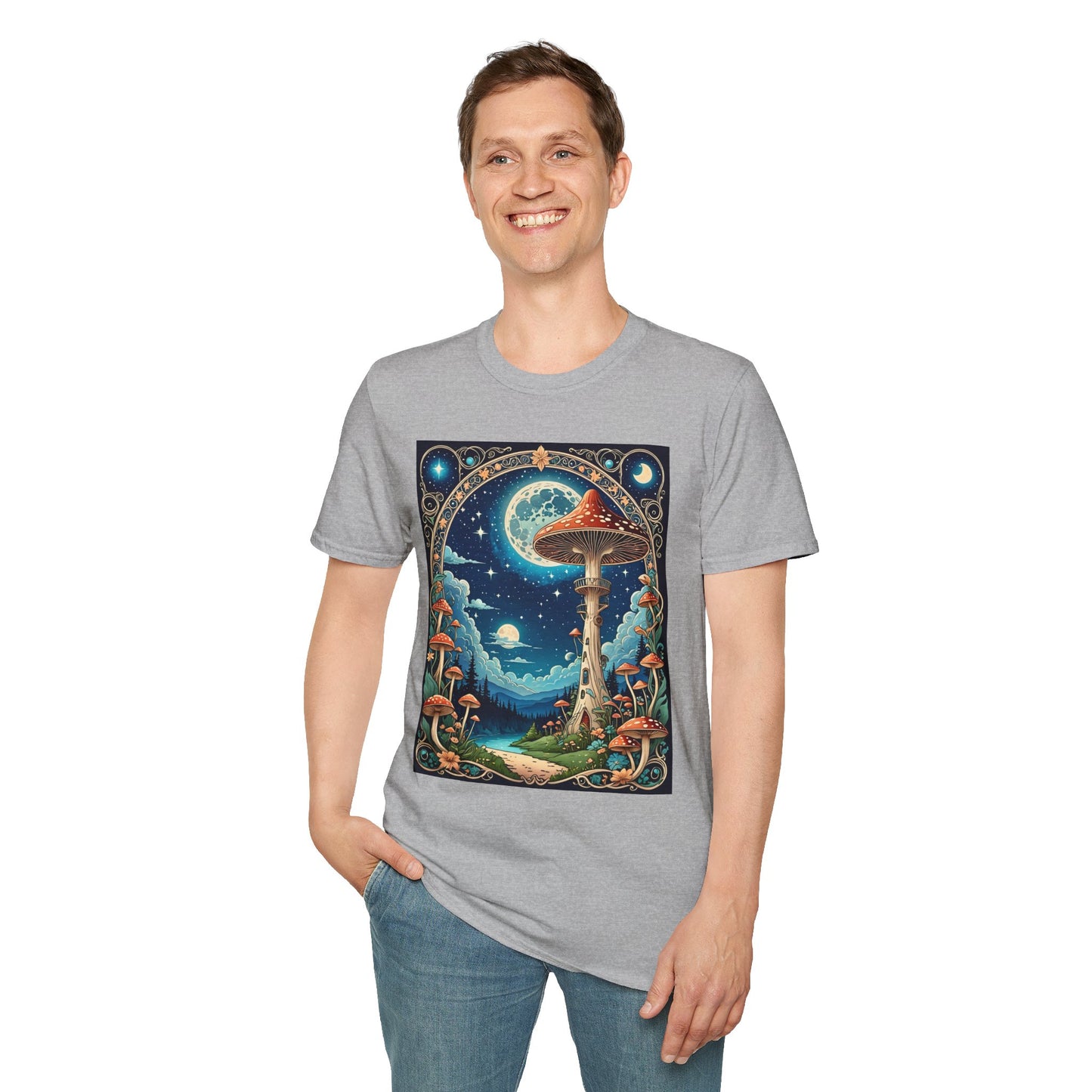Psychedelic Mushroom Forest Shirt – Trippy Moonlight Nature Tee – Gift for Shroom Enthusiasts, Fantasy Fans, and Dreamy Escapists