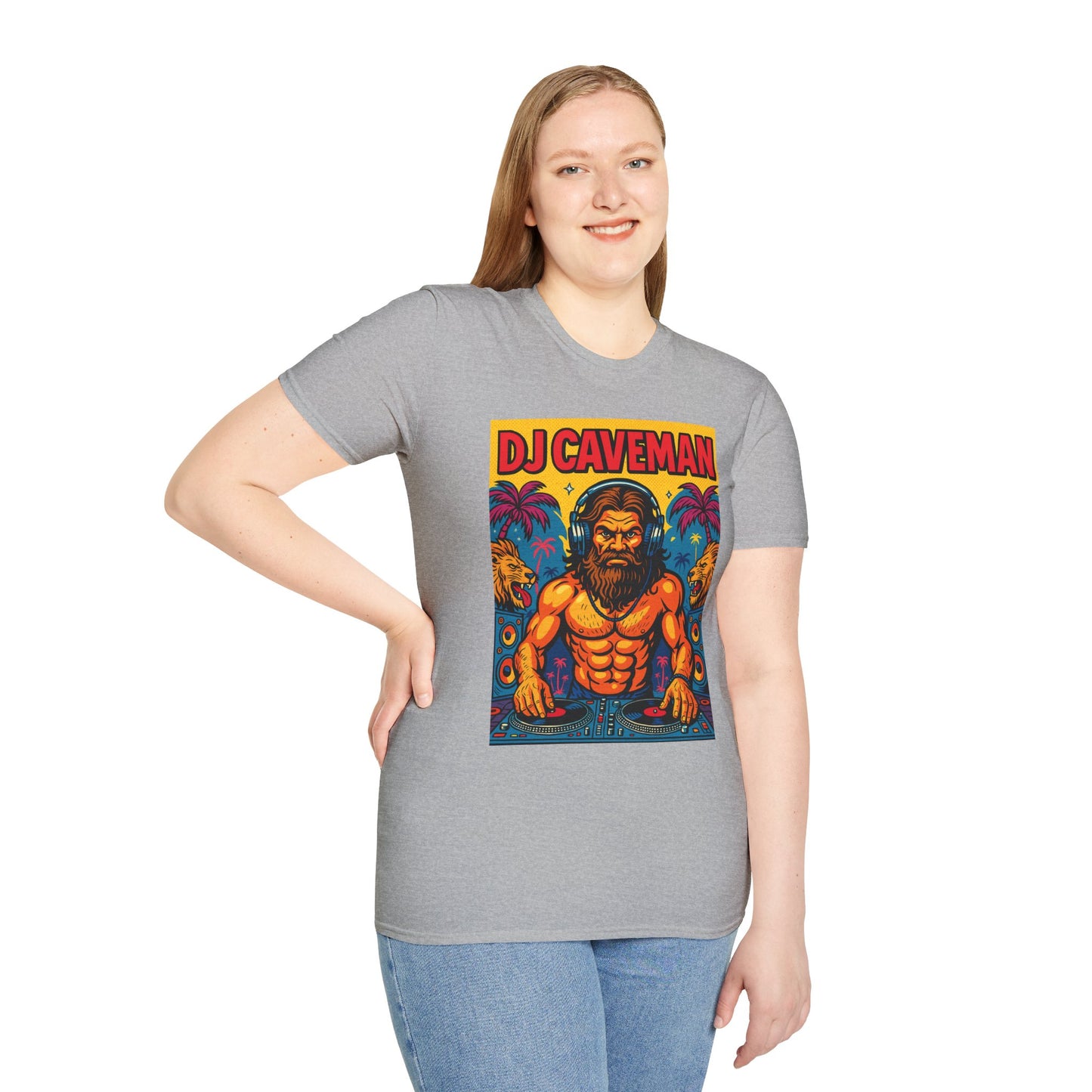 DJ Caveman T-Shirt Funny Rave Party Tee | Prehistoric Clubbing Shirt for Music Lovers | Gift for DJs and EDM Fans | Caveman Aesthetic Shirt