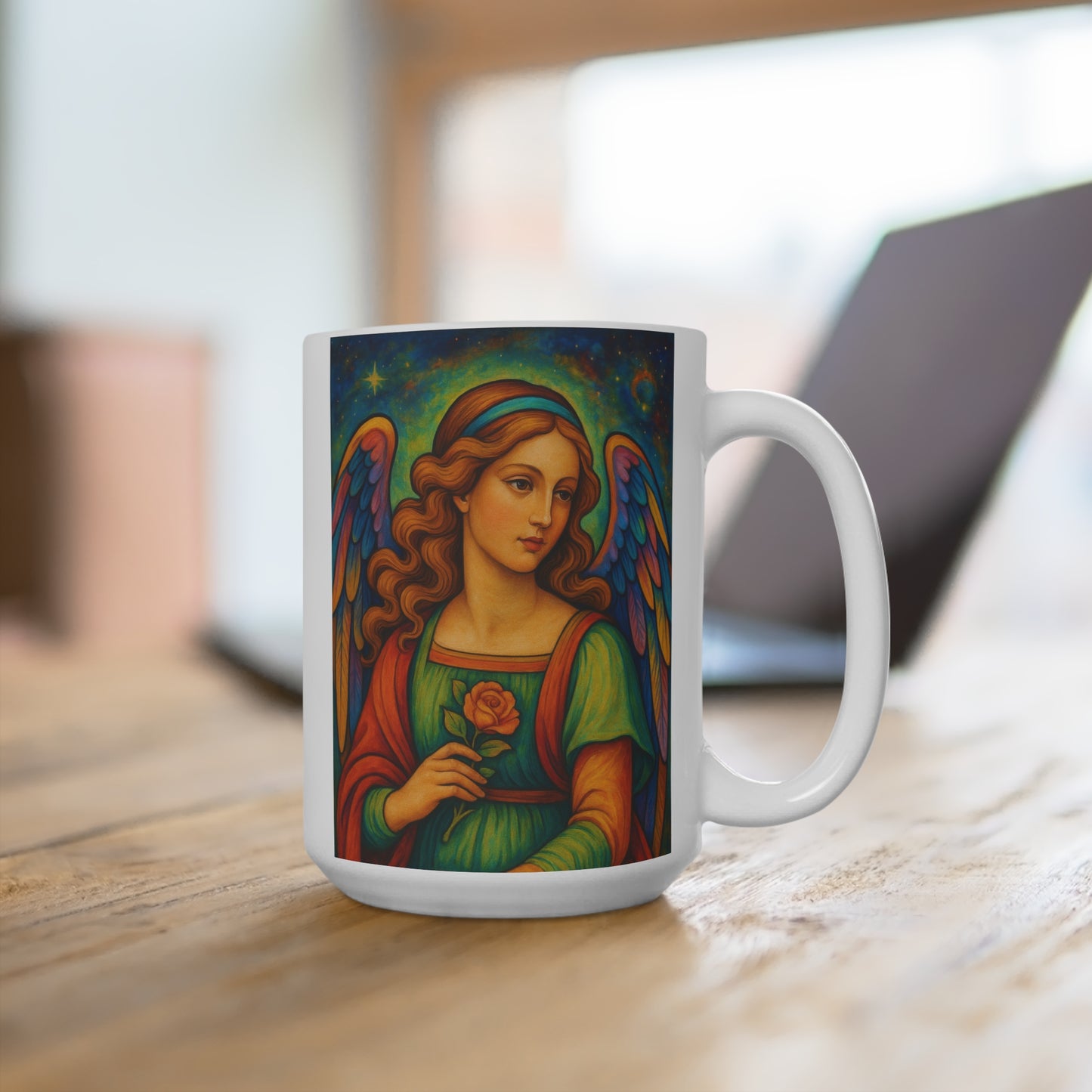 Angel With Rose Mug Vibrant 15oz Ceramic Coffee Cup Gift For Spiritual Friends And Art Lovers