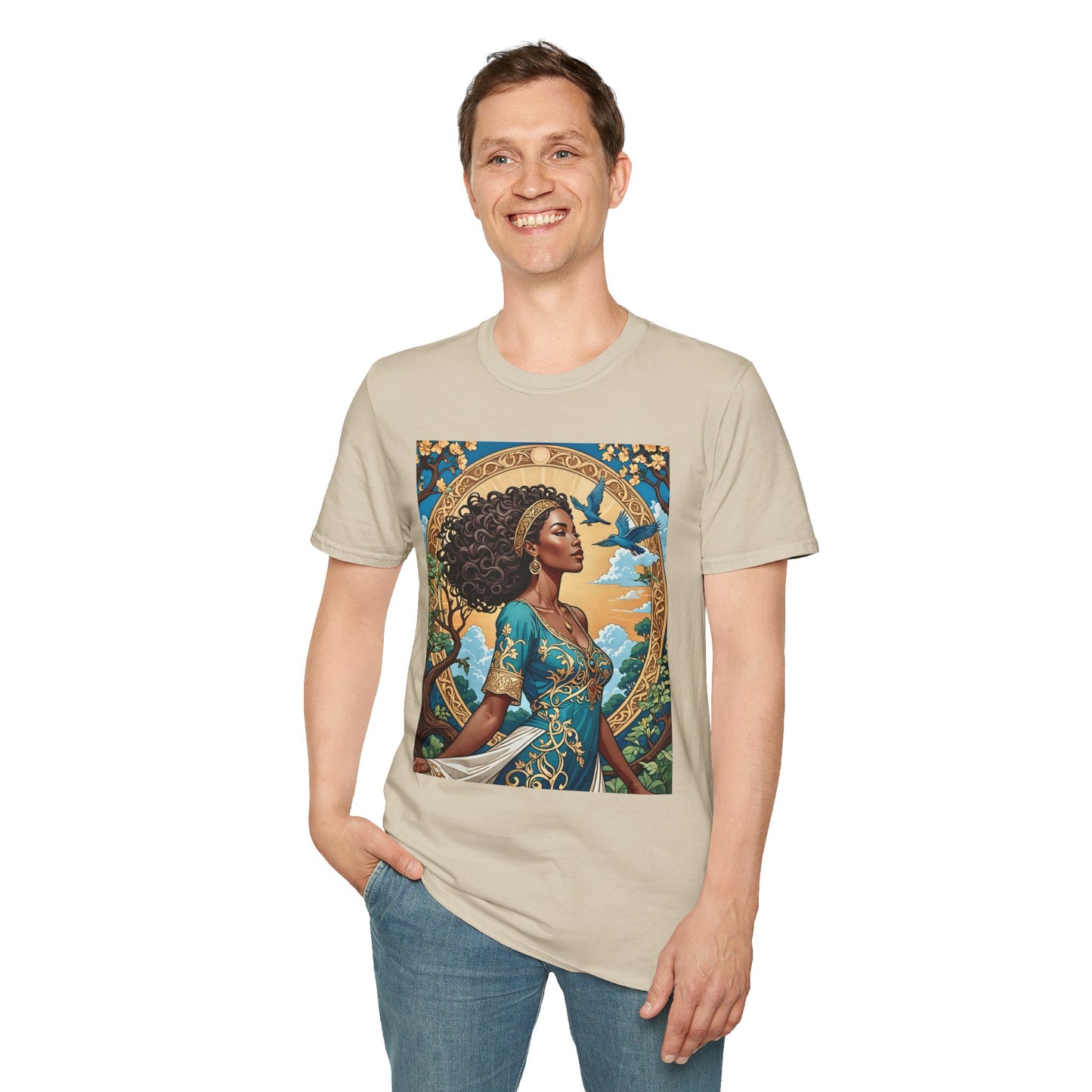 Bohemian Goddess T-Shirt, Unisex Softstyle Tee, Nature-Inspired Apparel, Gift for Women, Artistic Graphic Shirt, Eco-Friendly Fashion