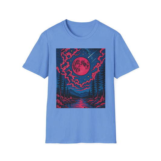 Trippy Red Moon Forest T-Shirt – Surreal Nature Graphic Tee • Psychedelic Night Sky Shirt • Gildan Softstyle® Unisex • Gift for Nature Lovers