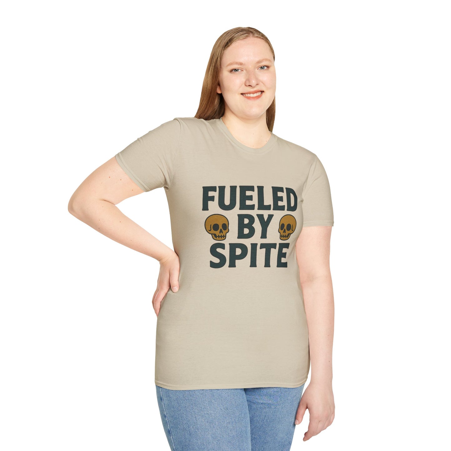 Fueled by Spite Unisex Softstyle T-Shirt, Funny Graphic Tee, Goth Aesthetic Shirt, Gifts for Spiteful Friends, Casual Wear