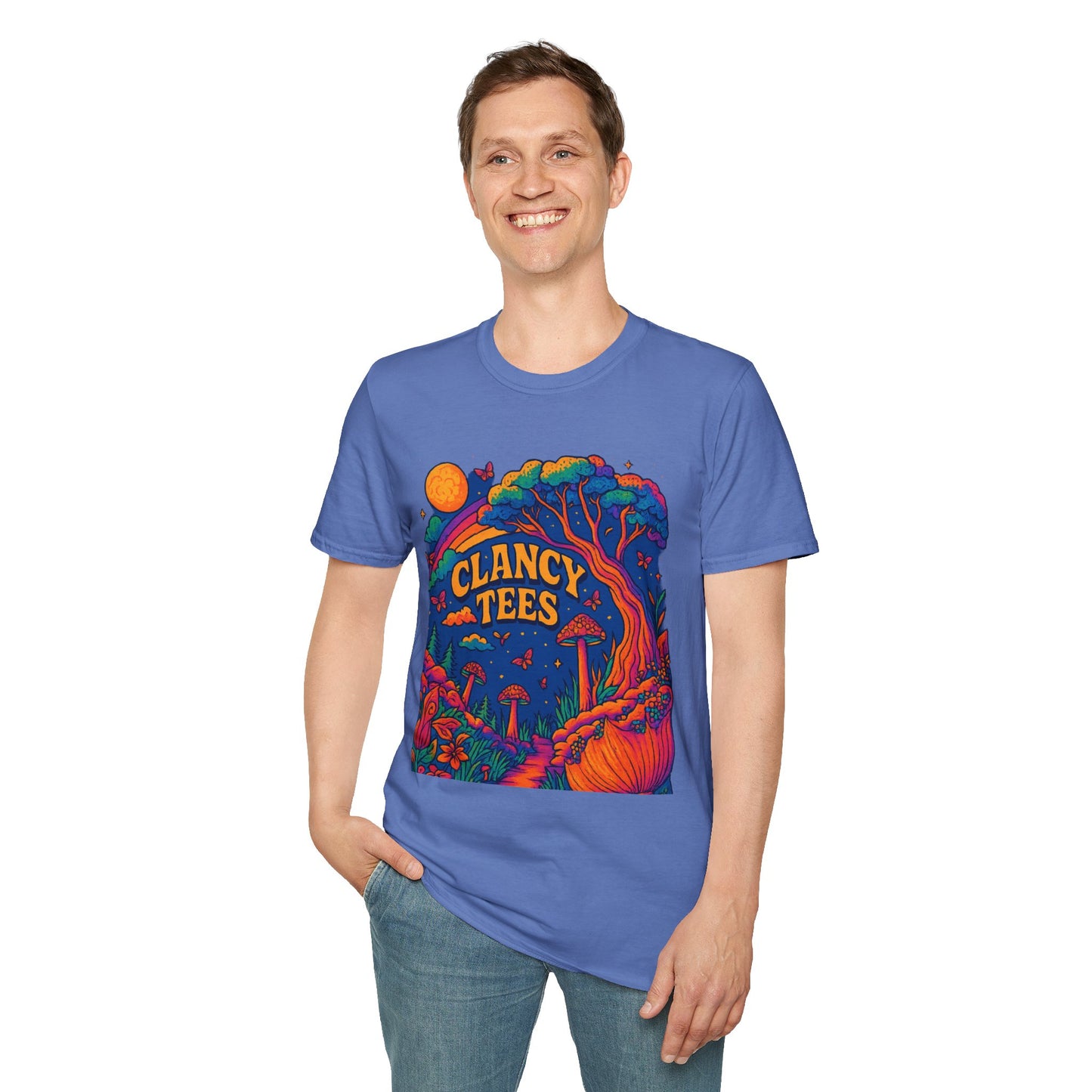 Colorful Nature-Themed Unisex Softstyle T-Shirt - Bohemian Vibe, Perfect for Festivals, Gift for Nature Lovers, Casual Wear, Clancy Tees