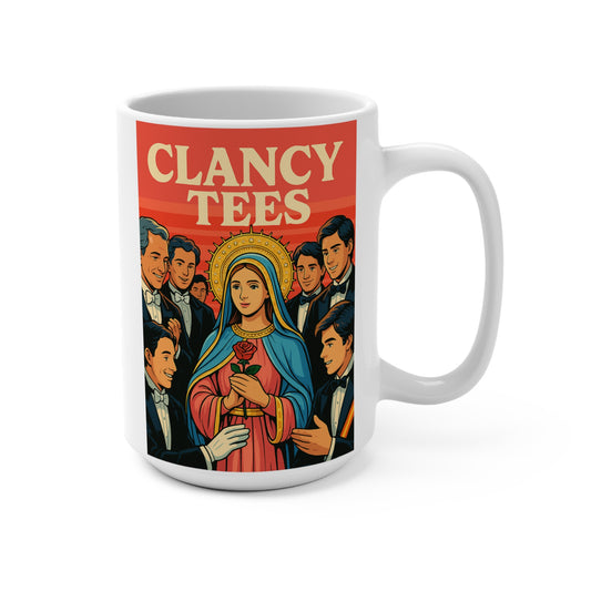 Blessed Virgin Mary Surrounded By Suitors Mug – Bold Retro Religious Coffee Cup, Funny Prayer Ceramic, Gift For Catholics And Icon Lovers