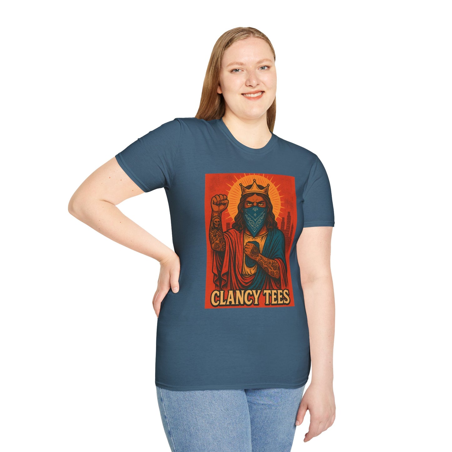 Tattooed Jesus Street Art Shirt – Clancy Tees | Urban Messiah Graphic Tee | Bold Religious Satire Shirt | King of the Block Tee
