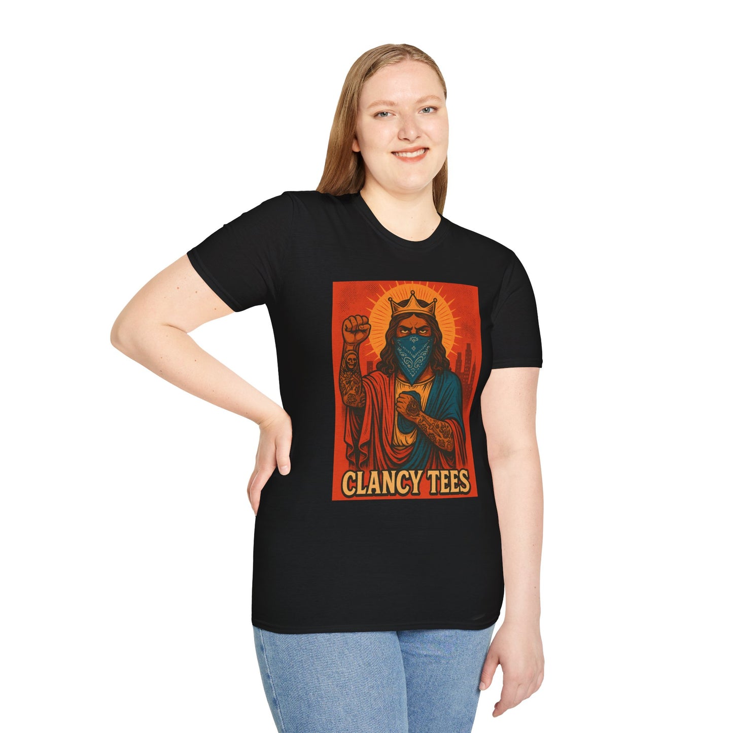 Tattooed Jesus Street Art Shirt – Clancy Tees | Urban Messiah Graphic Tee | Bold Religious Satire Shirt | King of the Block Tee