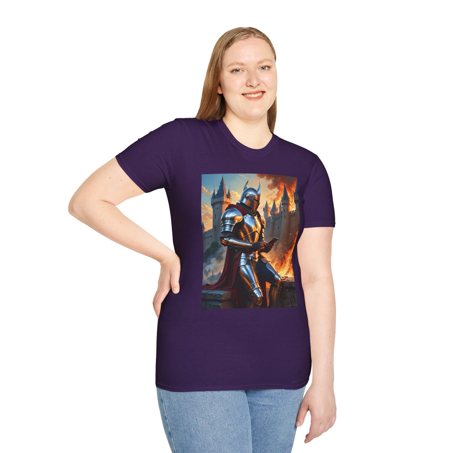 Knight in Burning Castle Shirt – Dark Fantasy Armor Tee – Gift for RPG Fans, Medieval Nerds, and Apocalyptic History Buffs