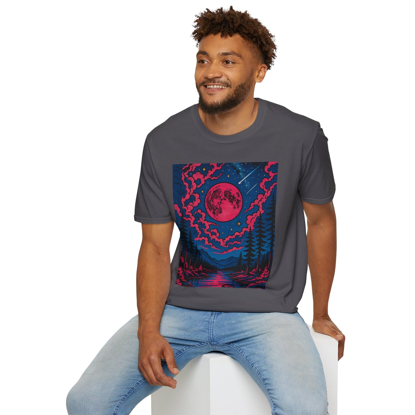 Trippy Red Moon Forest T-Shirt – Surreal Nature Graphic Tee • Psychedelic Night Sky Shirt • Gildan Softstyle® Unisex • Gift for Nature Lovers