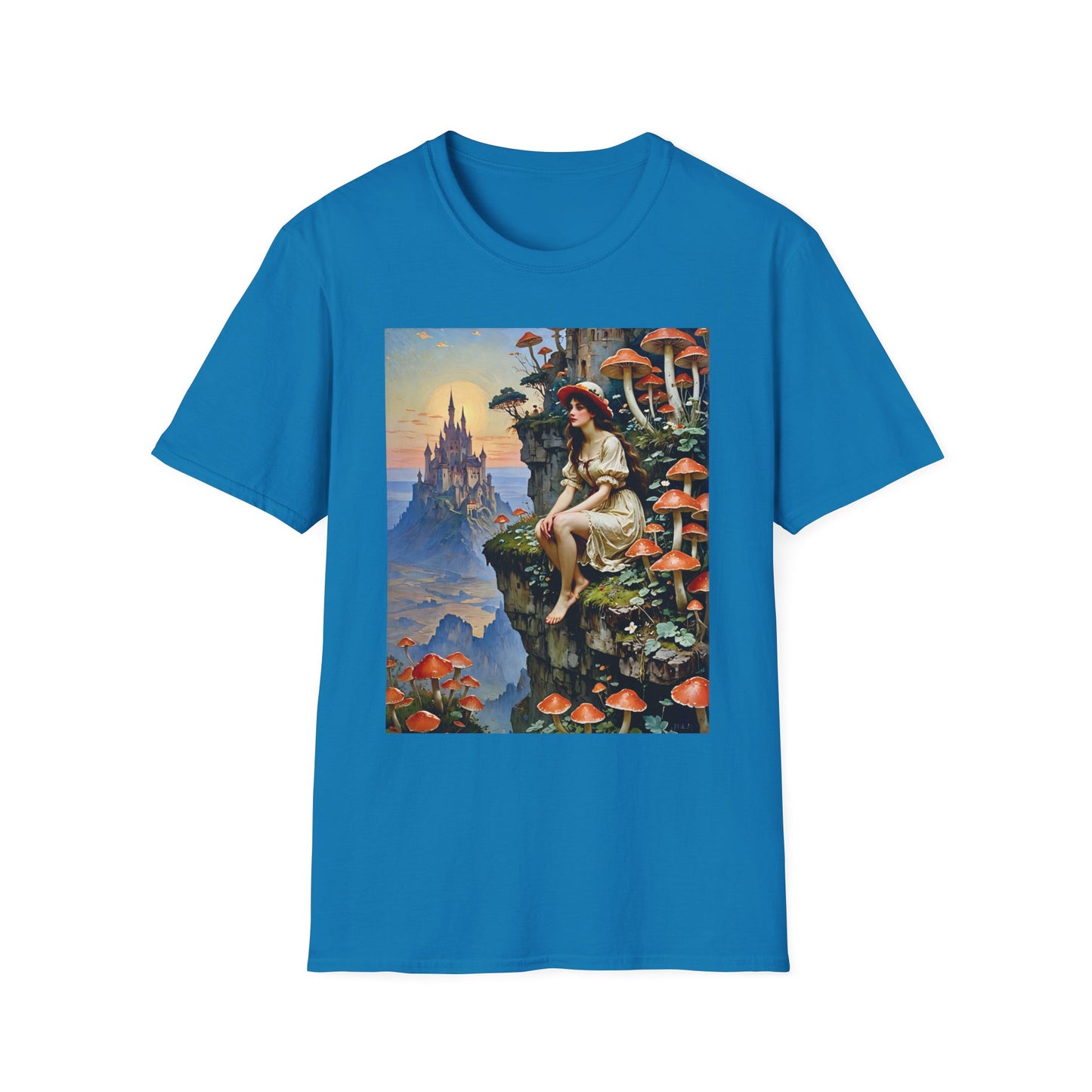 Fantasy Mushroom Fairy T-Shirt Enchanted Castle Cliffside Tee Surreal Magic Art Shirt Gift for Fantasy Fans Gift for Dreamers Psychedelic Nature Tee