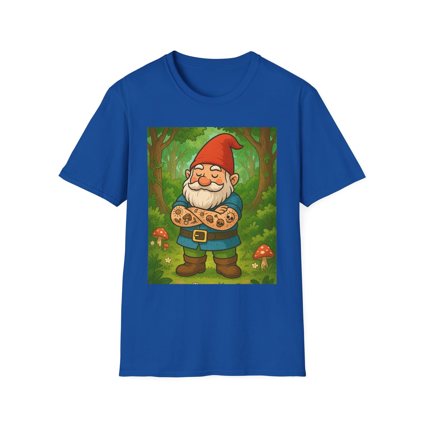 Tattooed Gnome T-Shirt – Funny Forest Inked Gnome Tee – Whimsical Tattoo Garden Shirt Gift for Mushroom Lovers, Gardeners, and Fantasy Fans