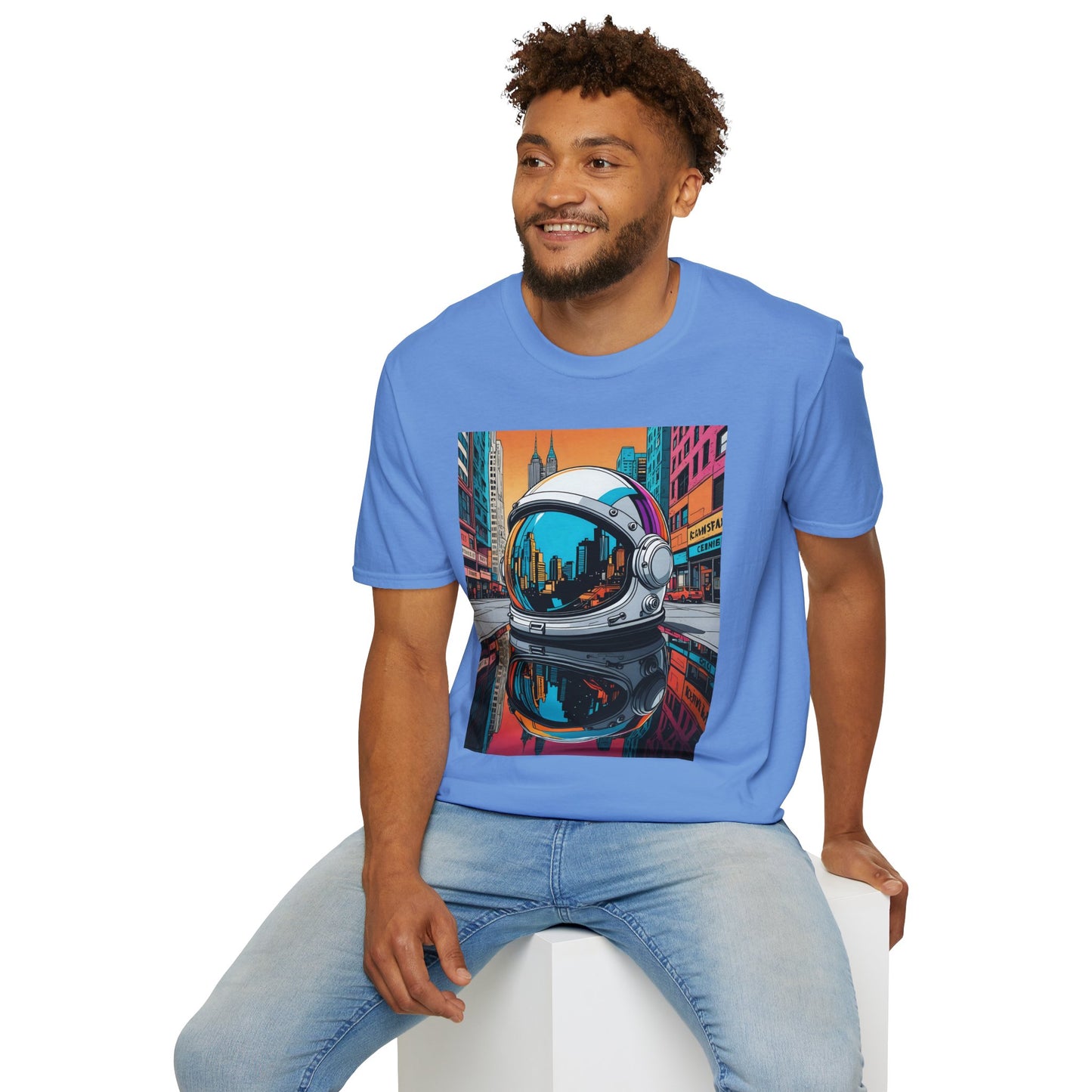 City Astronaut Reflection T-Shirt – Urban Space Art Tee – Gift for Sci-Fi Fans, Streetwear Addicts, and Cosmic Daydreamers