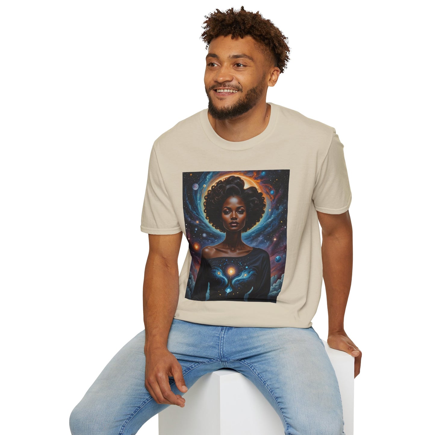 Afrofuturist Cosmic Energy T-Shirt – Celestial Power Graphic Tee, Spiritual Galaxy Shirt, Gift for Astrology Fans, Vibrant Universe Artwork