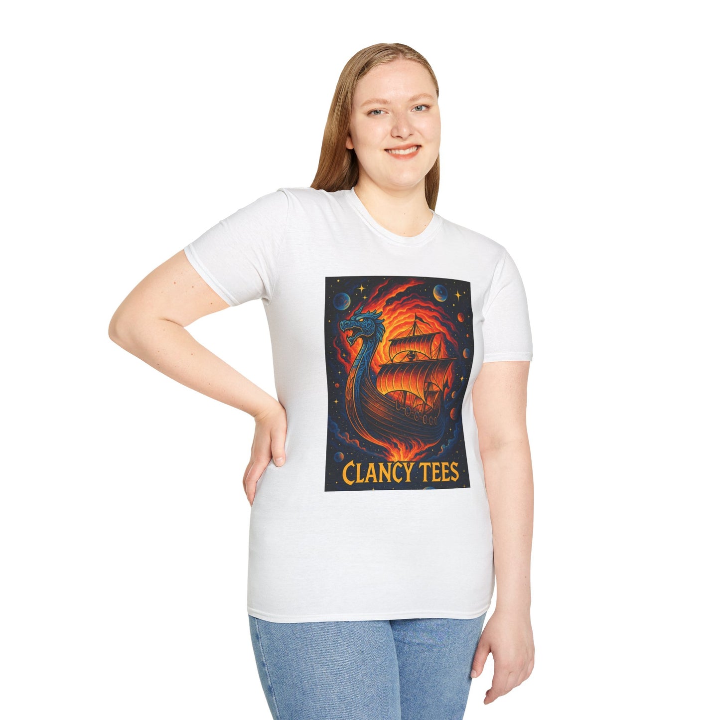 Viking Ship Dragon Shirt – Trippy Norse Mythology Tee with Fiery Cosmic Art – Bold Fantasy Graphic – Gift for Myth Lovers and Warrior Souls