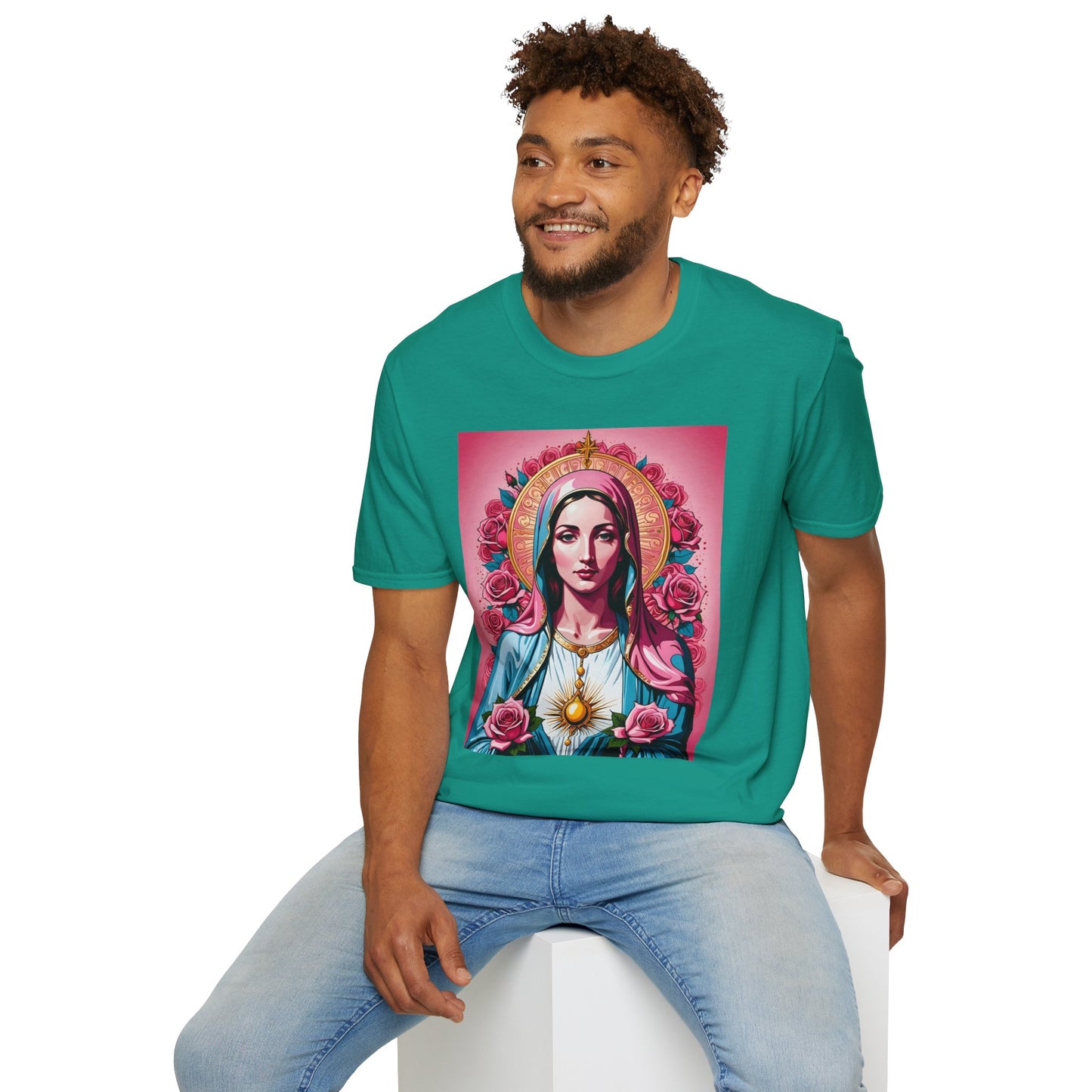 Unisex Softstyle T-Shirt with Sacred Heart Design, Spiritual Apparel, Artistic Gift for Many Occasions, Vintage Aesthetic, Festive Wear