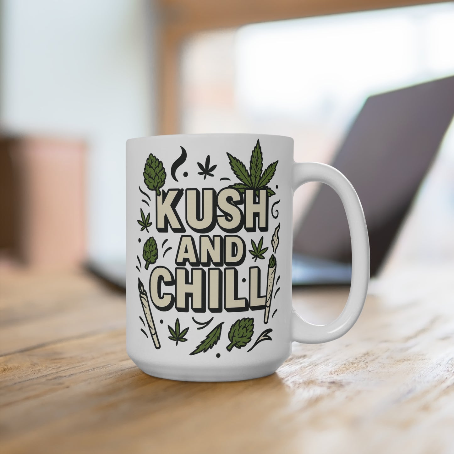 Kush And Chill Mug – Funny Stoner Coffee Cup With Weed Leaf Design, Cannabis Smoke Mug, Gift For Marijuana Lovers