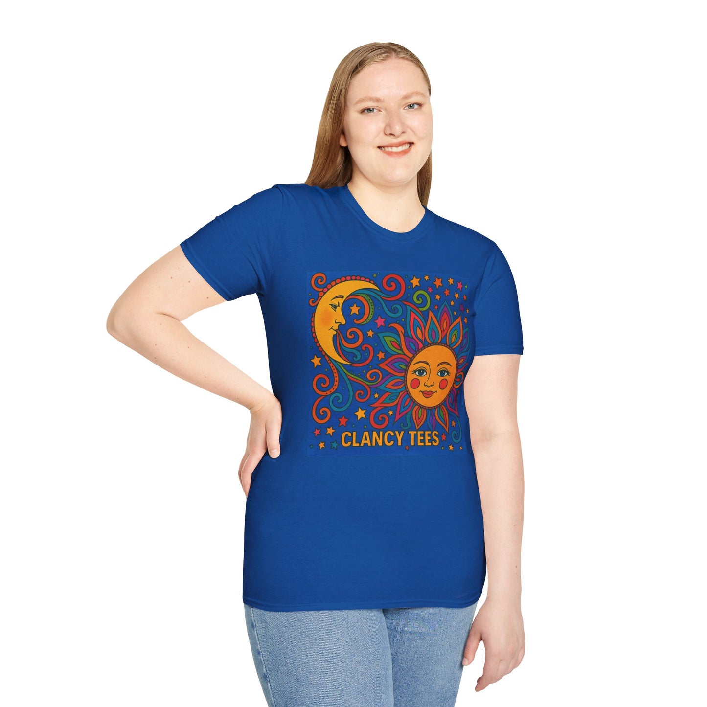 Sun and Moon Vibrant Tee, Unisex Softstyle T-Shirt for Summer Vibes, Boho Fashion, Gift for Her, Festival Wear, Casual Wear