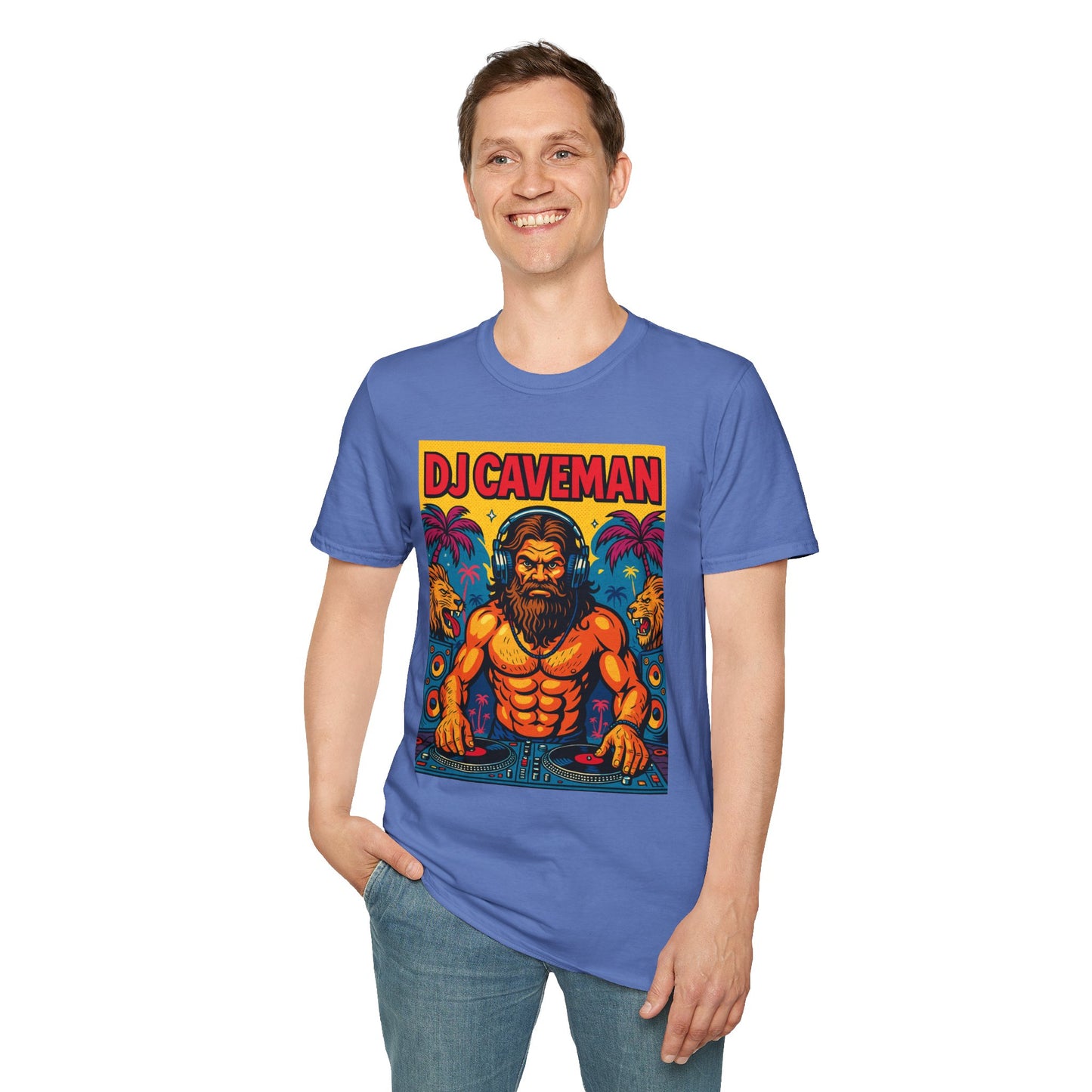 DJ Caveman T-Shirt Funny Rave Party Tee | Prehistoric Clubbing Shirt for Music Lovers | Gift for DJs and EDM Fans | Caveman Aesthetic Shirt