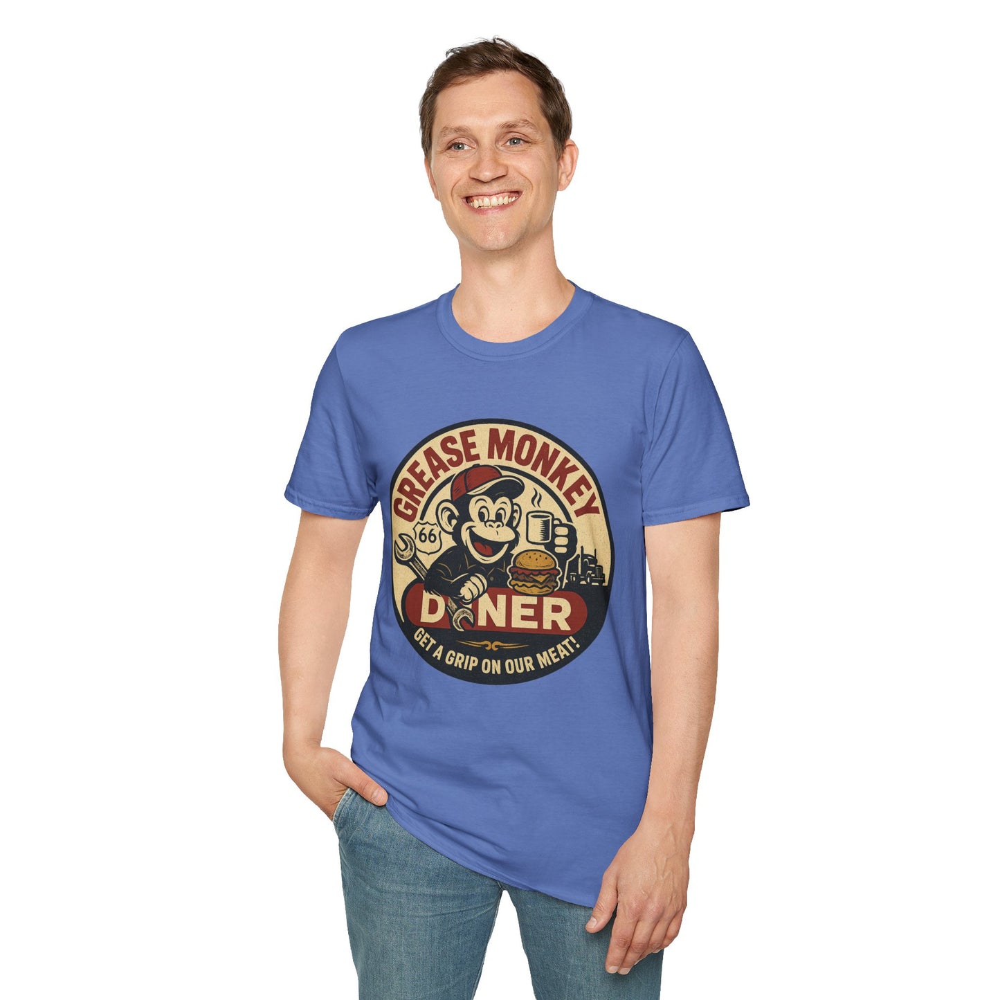 Grease Monkey Diner T-Shirt – Retro Mechanic Mascot Tee – Funny Vintage Roadside Shirt Gift for Car Guys, Grill Masters, and Route 66 Road Trip Fans