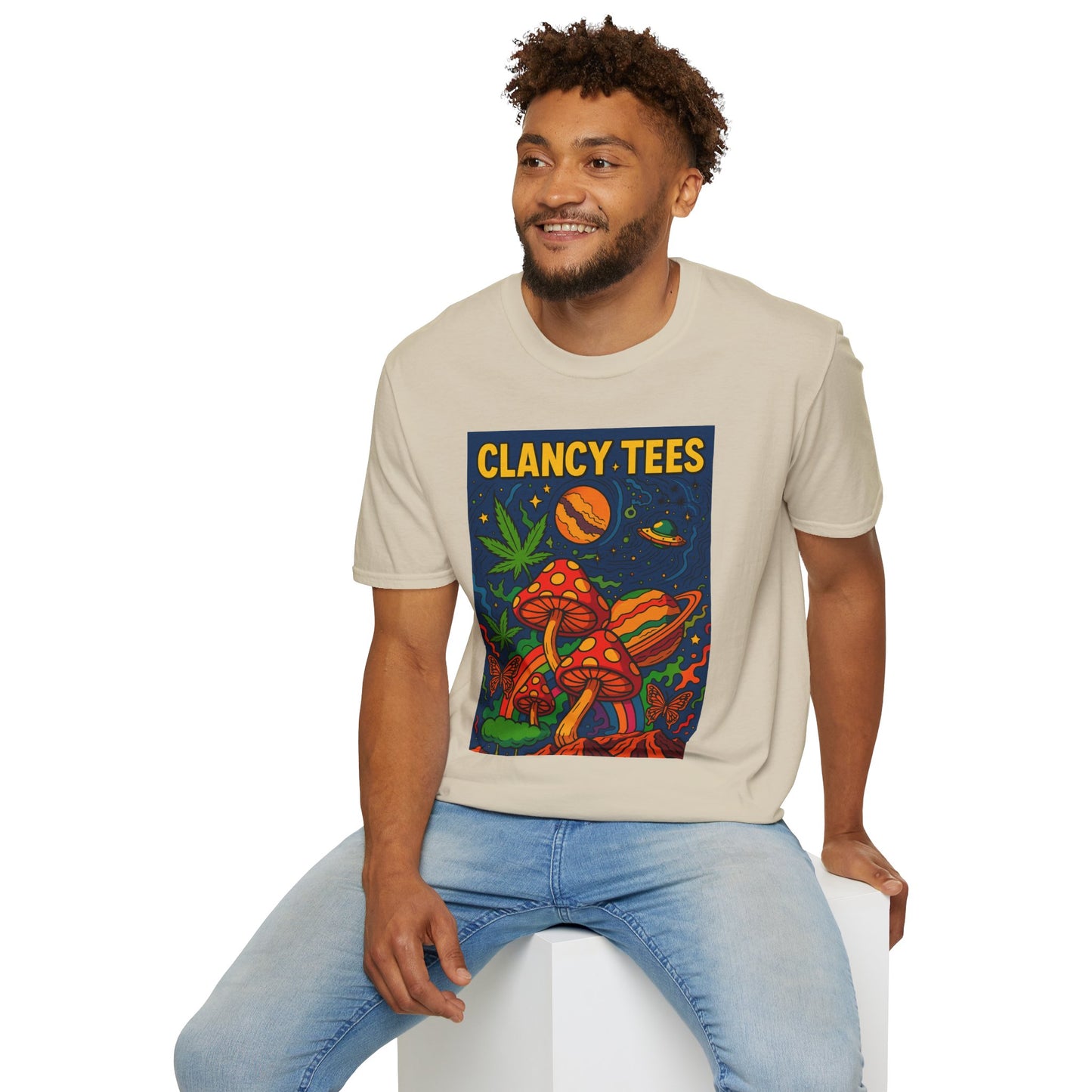 Trippy Mushroom Graphic T Shirt Psychedelic Space Art Tee Cosmic Fungi Illustration Unisex Softstyle Gift for Stoner Friends Gift for Psychedelic Fans