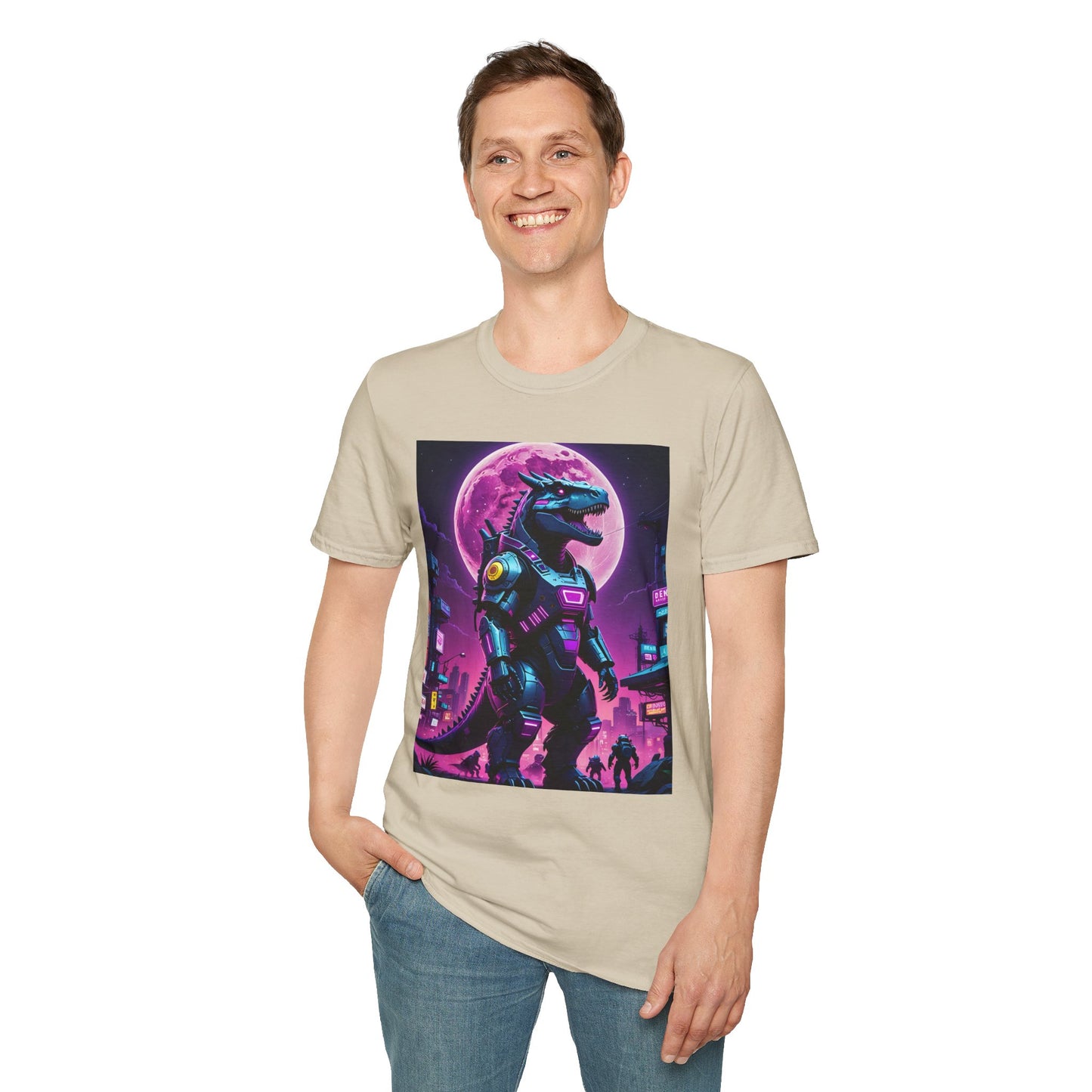 Cyberpunk Dinosaur T Shirt Neon Retro Graphic Tee Futuristic Monster Artwork Top Gift for Sci Fi Fans