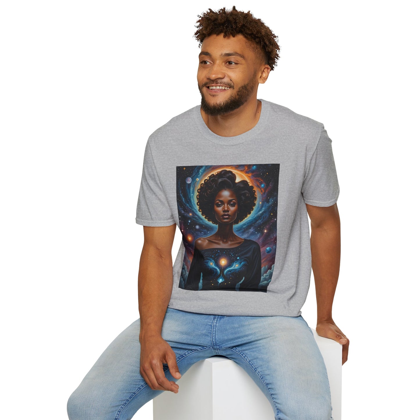 Afrofuturist Cosmic Energy T-Shirt – Celestial Power Graphic Tee, Spiritual Galaxy Shirt, Gift for Astrology Fans, Vibrant Universe Artwork