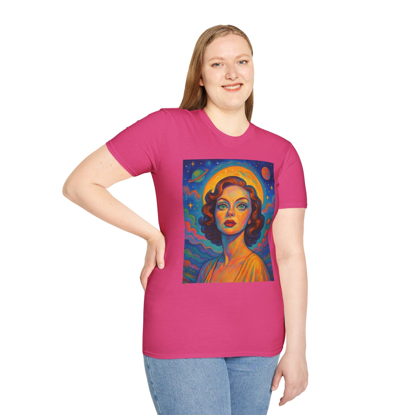Retro Space Girl T Shirt Vintage Sci Fi Beauty Psychedelic Pop Art Galaxy Babe Tee Gift for Star Gazers Cosmic Fashion Astronaut Dreamwear