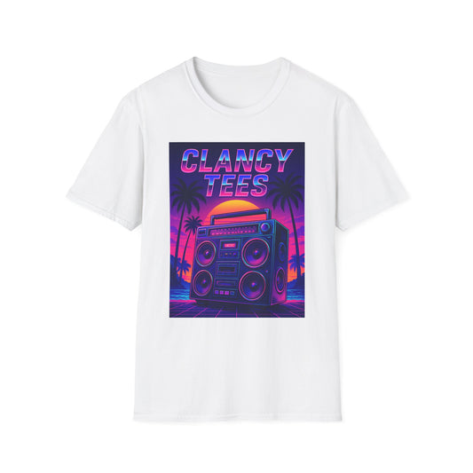 Retro Boombox Sunset Tee – Vaporwave Clancy Tees Shirt – Gift for 80s Kids, Music Lovers, Synthwave Fans & Nostalgic Neon Dreamers