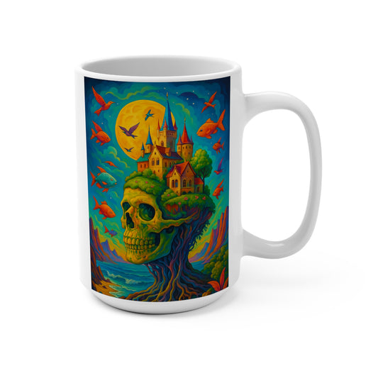 Surreal Skull Castle Coffee Mug Psychedelic Fantasy Artwork Gothic Skeleton Cup Unique Gift For Dark Art Lovers