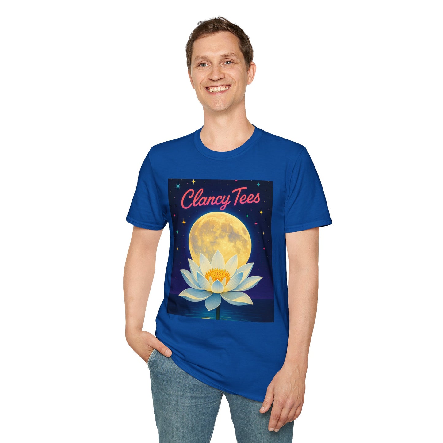 Moon Lotus Clancy Tees Shirt – Ethereal Floral T-Shirt with Full Moon Art – Gift for Nature Lovers, Yogis, Dreamers & Spiritual Aesthetic Fans