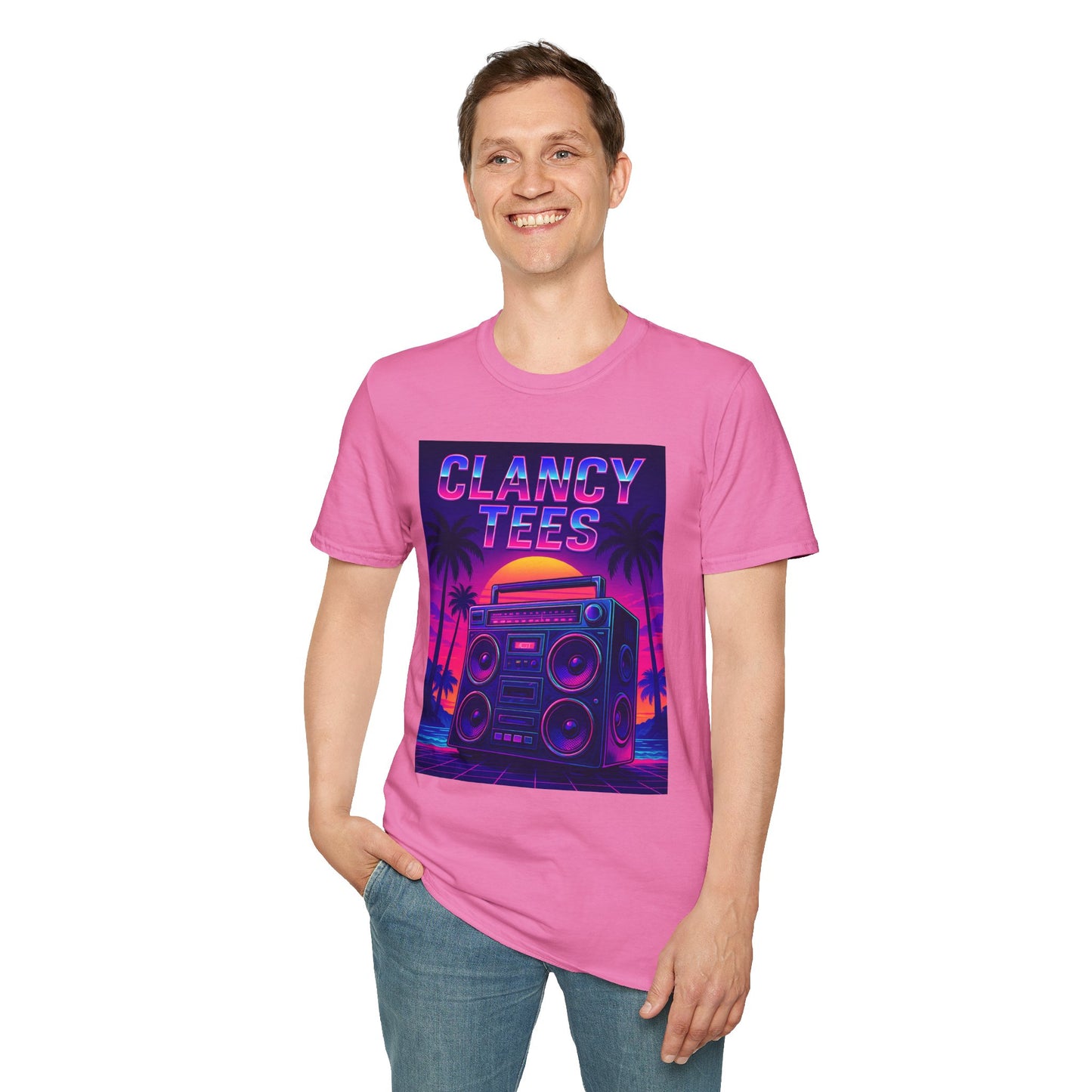 Retro Boombox Sunset Tee – Vaporwave Clancy Tees Shirt – Gift for 80s Kids, Music Lovers, Synthwave Fans & Nostalgic Neon Dreamers