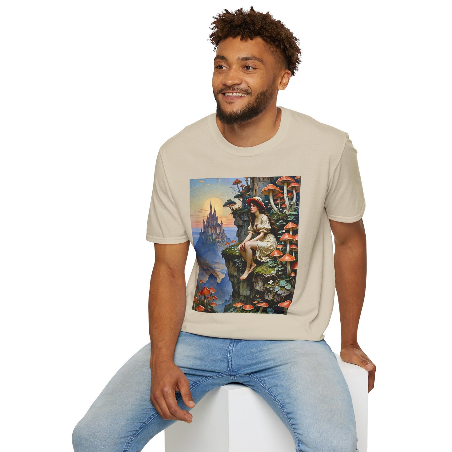 Fantasy Mushroom Fairy T-Shirt Enchanted Castle Cliffside Tee Surreal Magic Art Shirt Gift for Fantasy Fans Gift for Dreamers Psychedelic Nature Tee