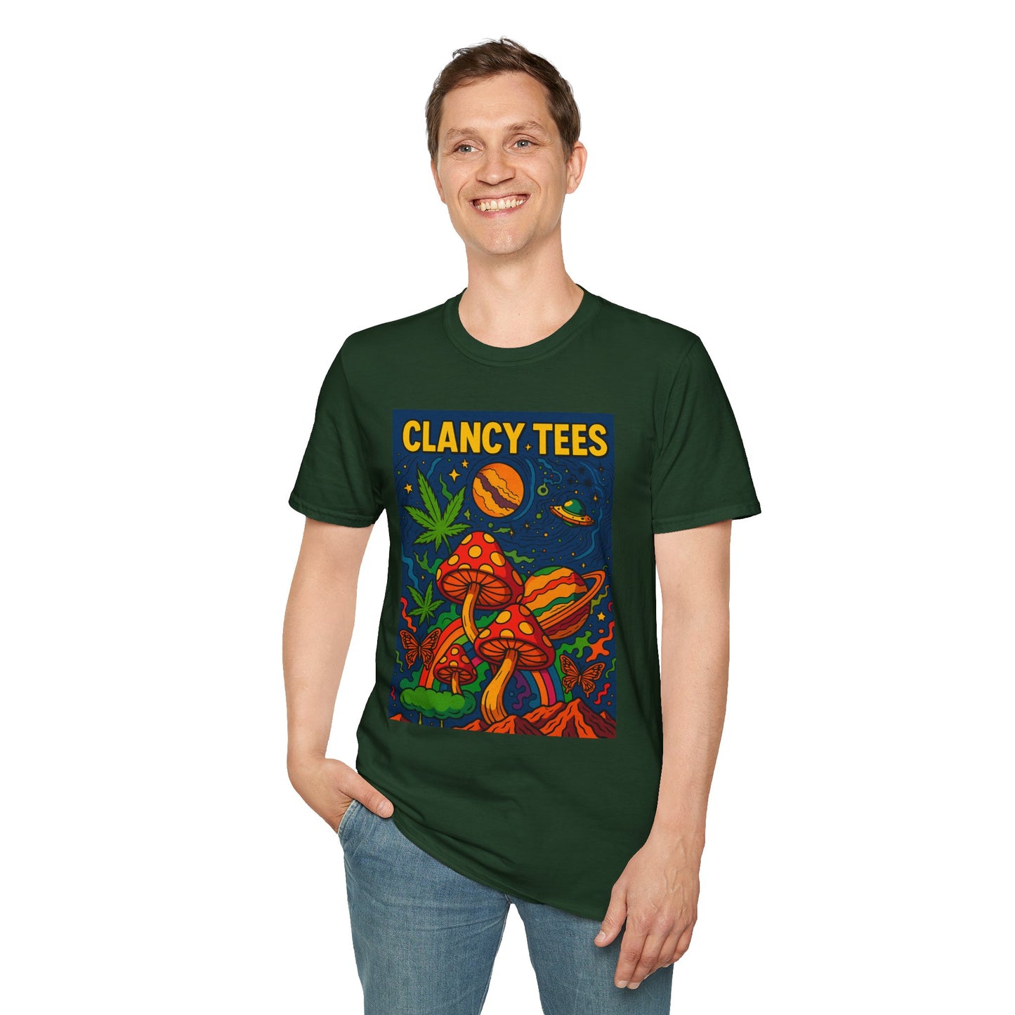Trippy Mushroom Graphic T Shirt Psychedelic Space Art Tee Cosmic Fungi Illustration Unisex Softstyle Gift for Stoner Friends Gift for Psychedelic Fans