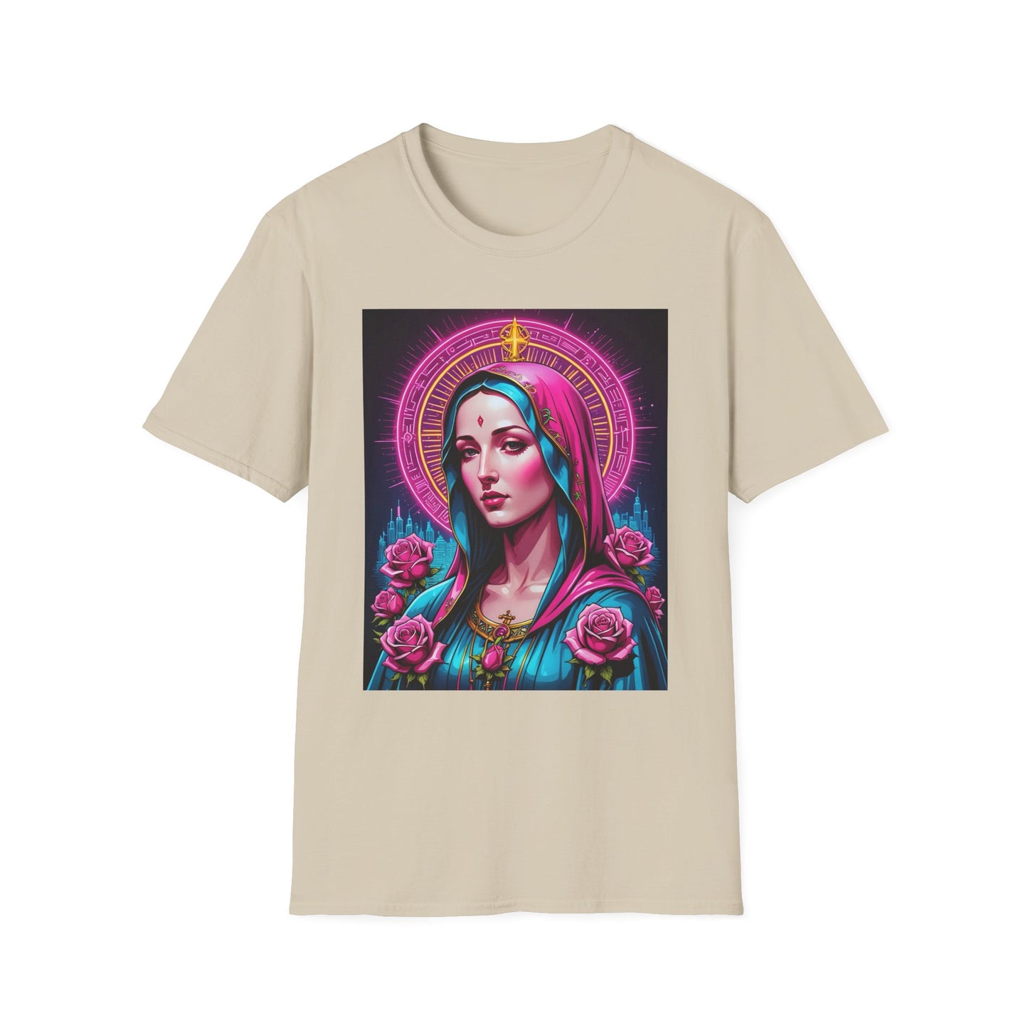 Religious Graphic Tee - Vibrant Mary Artwork, Gift for Devotees, Floral Design Shirt, Faith-Inspired Apparel, Everyday Wear
