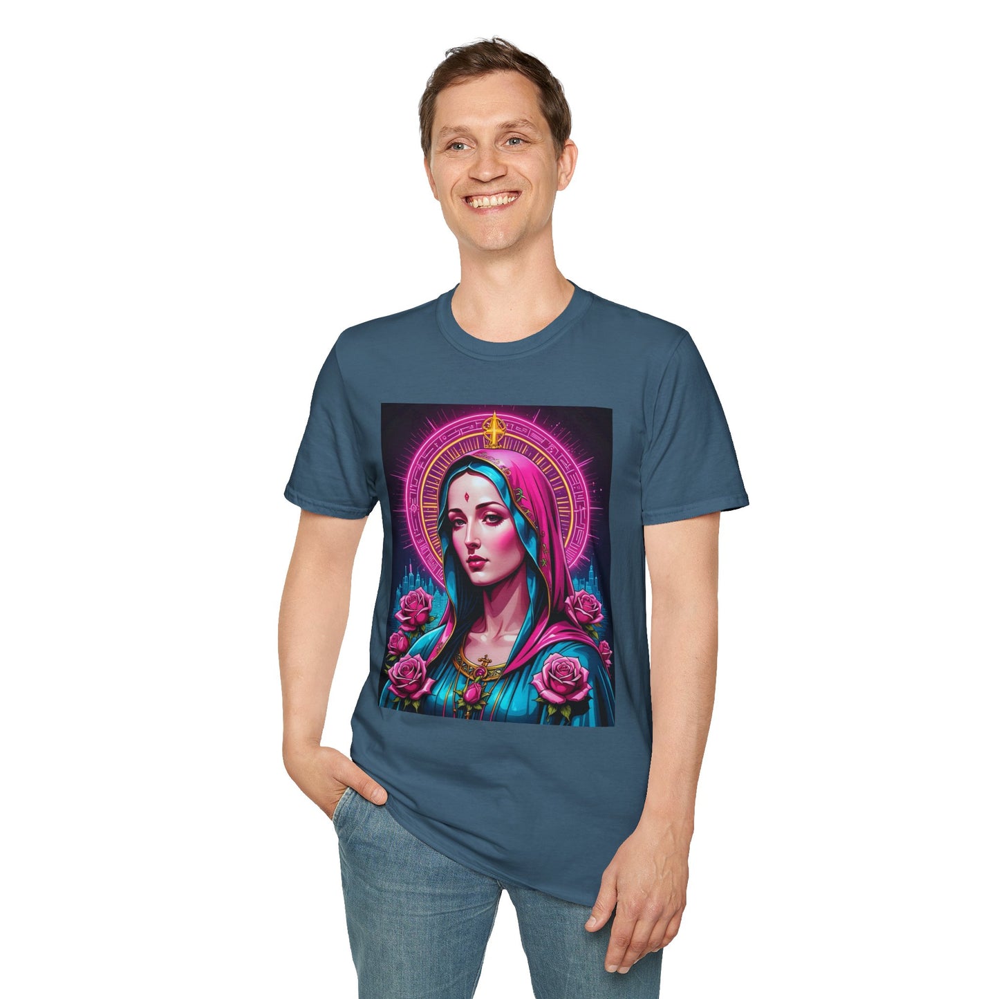 Religious Graphic Tee - Vibrant Mary Artwork, Gift for Devotees, Floral Design Shirt, Faith-Inspired Apparel, Everyday Wear